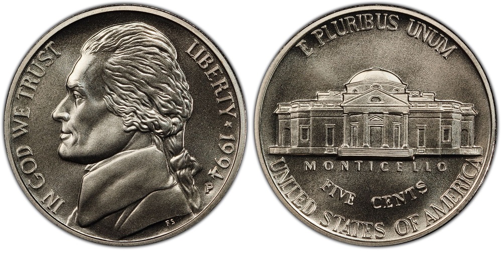 1994-D Jefferson nickel obverse and reverse showing Jefferson portrait and Monticello steps
