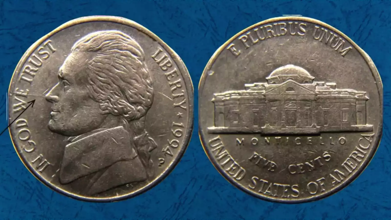 1994-P SMS Matte Finish nickel reverse showing die crack error as a raised line across Monticello
