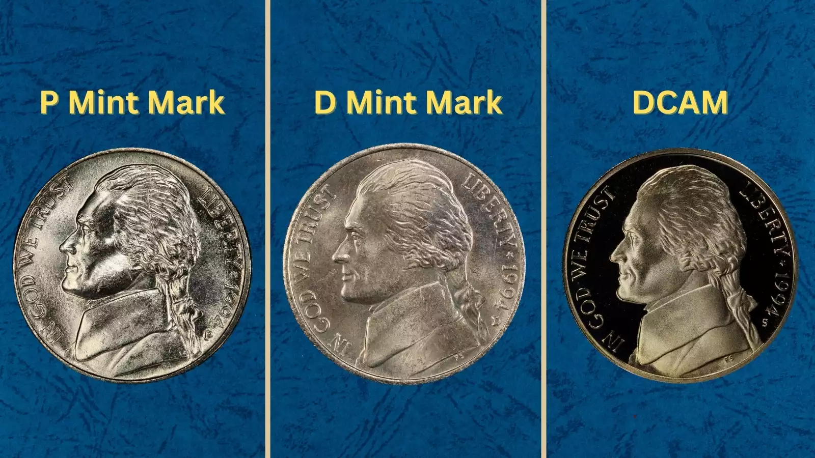 Group of 1994 Jefferson nickel varieties showing P, D, SMS, and S proof mint mark examples