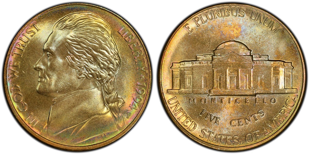 1994 Jefferson nickel grading strip showing four condition tiers from worn to gem uncirculated